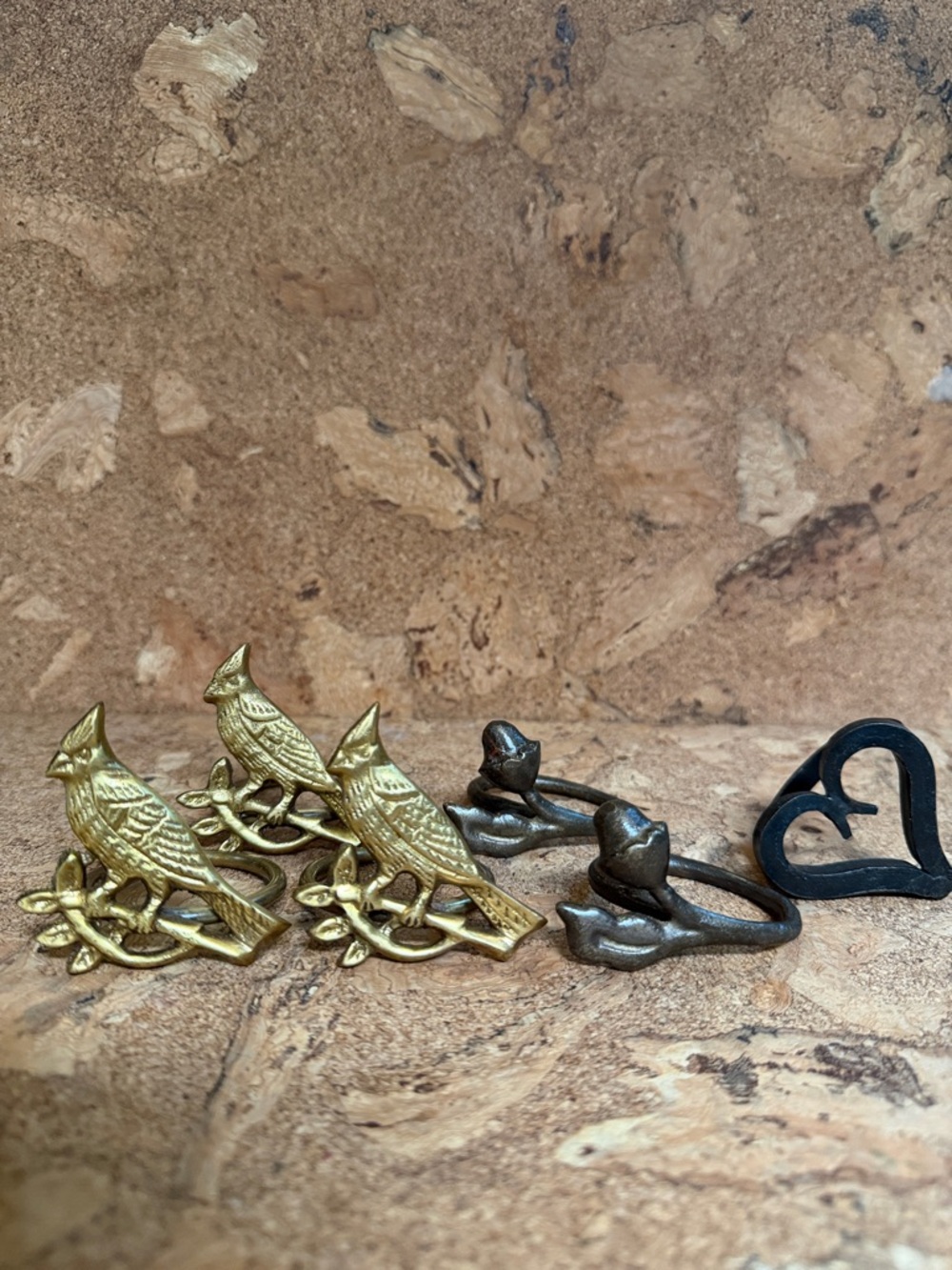 Brass Cardinal, Cast Iron Bud & Leaf and Hand Forged Heart Napkin Ring
